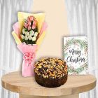 BUNCH OF 15 PINK AND WHITE ROSES HALF KG CHOCOLATE PLUM CAKE CHRISTMAS GREETING CARD