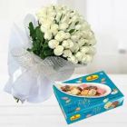 1 KG ASSORTED SWEETS FROM HALDIRAM WITH BUNCH OF 30 WHITE ROSES