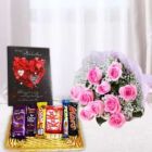 10 PINK ROSES BUNCH BASKET OF ASSORTED CHOCOLATES VALENTINE GREETING CARD