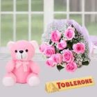 10 Pink Roses With 6 Inch Pink Teddy Bear & Toblerone Chocolate