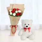 10 RED AND WHITE ROSES BOUQUET WITH 1 FEET HEIGHT TEDDY BEAR 