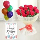 10 RED ROSES BOUQUET 5 BUNCH MIX COLOR BALLOONS BIRTHDAY CARD