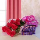 BUNCH OF 50 RED ROSES SET OF 2 DAIRY MILK SILK SET OF PHOTO CUSHION AND PHOTO MUG 