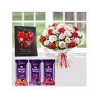 Bunch Of 15 Red And Pink Roses, 3 Dairy Milk Silk Chocolates, With Valentine Greeting Card