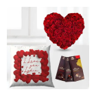 Heart Shape Arrangement Of 50 Red Roses, Bourneville Chocolates With Photo Cushion