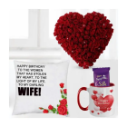 Heart Shape Arrangement Of 50 Red Roses , Photo Mug With 2 Dairy Milk Silk With Photo Cushion