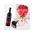 Bouquet Of 12 Red Roses With Special Packing With Black Forest Cake With Bottle Of Red Wine