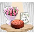 12 PINK ROSES BOUQUET CHOCOLATE PLUM CAKE CHRISTMAS GREETING CARD