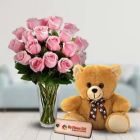 12 PINK ROSES IN GLASS VASE WITH 1 FEET HEIGHT TEDDY BEAR 