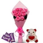 12 PINK ROSES WITH 3 DAIRY MILK TEDDY