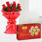 12 RED ROSES BUNCH WITH 1KG SOAN PAPDI