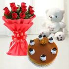 12 RED ROSES WITH 6 INCH TEDDY BEAR WITH BLACK FOREST CAKE