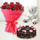 12 RED ROSES WITH 6 INCH TEDDYBEAR WITH CHOCOLATE FANTASY CAKE