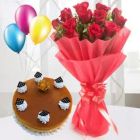 12 RED ROSES WITH BUTTERSCOTCH CAKE WITH 03 BLOWN BALLOONS