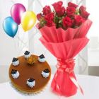 12 Red Roses With Butterscotch Cake With 3 Blown Balloons