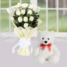 12 WHITE ROSES BOUQUET WITH 1 FEET HEIGHT WHITE TEDDYBEAR 