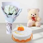 12 WHITE ROSES BUNCH WITH 6 INCH TEDDYBEAR WITH ORANGE COOL CAKE