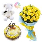 12 YELLOW ROSES WITH PINEAPPLE CAKE WITH 6 INCH TEDDYBEAR