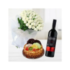 Bunch Of 12 White Roses With Mix Fruit Premium Quality Cake With Bottle Of Red Wine