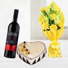 Bunch Of Gerberas & Lilies With Heart Shape Butterscotch Cake With Bottle Of Red Wine