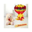 BOUQUET OF 15 RED AND YELLOW ROSES WITH 1 FEET HEIGHT TEDDY BEAR WITH TOBLERONE CHOCOLATE