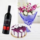 Bouquet Of Lavender Orchids With White Roses With Bottle Of Wine With Blueberry Fresh Cream Cake