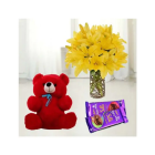 6 YELLOW LILIES IN GLASS VASE WITH 6 INCH RED TEDDYBEAR WITH SET OF 2 DAIRY MILK CHOCOLATES