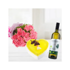 Bunch Of 20 Red Carnations With Heart Shape Pineapple Cake With Bottle Of White Wine