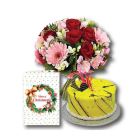 Bunch Of 20 Red And Pink Carnations With 1 Kg Pineapple Cake With Christmas Greeting Card