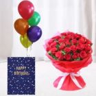 15 RED CARNATIONS BUNCH OF 5 MIX COLOR BALLOONS WITH BIRTHDAY CARD