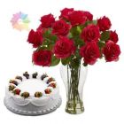 15 RED ROSES ARRANGED IN GLASS VASE WITH HALF KG PINEAPPLE CAKE