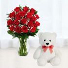 15 RED ROSES IN GLASS VASE WITH 6 INCH WHITE TEDDY BEAR 