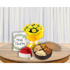 Bunch Of 10 Yellow Roses, Half Kg Assorted Dry fruits Box , Santa Cap With Christmas Greeting Card