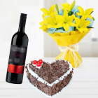 Bunch Of 10 Asiatic Lilies With Heart Shape Black Forest Fresh Cream Cake With Bottle Of Red Wine