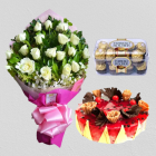 Bunch Of 20 White Roses With Blueberry Fresh Cream cake With 16 Pcs Ferrero  Rocher