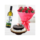 Bunch Of 12 Red Roses With Chocovanilla Cake With Bottle Of White Wine