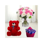 PINK AND WHITE ROSES IN GLASS VASE WITH 6 INCH RED TEDDY BEAR PACK OF 5 DAIRY MILK CHOCOLATE