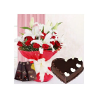 Bunch Of White Lilies& Red Roses With Heart Shape Chocolate Truffle Cake With 3 Bournville Chocolates