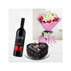 Bunch Of Red Carnation With White Lilies With Heart Shape Chocolate Truffle Cake With Bottle Of Red Wine