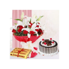 Bunch Of Red Roses & White Lilies With Chocolate Truffle Cake With Set Of 3 Toblerone Chocolates