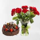 12 RED ROSES ARRANGED IN GLASS VASE WITH HALF KG CHOCOLATE DELIGHT FRESH CREAM CAKE