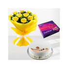 Bunch Of 12 Yellow Roses With Vanilla Fresh Cream Cake With Box Of Celebration Chocolates