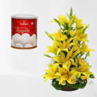 Exotic Arrangement Of Yellow Asiatic Lilies With 2 Feet Height With 1 Kg Rasgullas