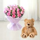 20 PINK ROSES BOUQUET WITH 6 INCH TEDDY BEAR 