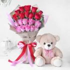 20 RED AND PINK ROSES WITH 12 INCH TEDDY BEAR