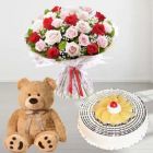 20 RED AND PINK ROSES WITH 6 INCH TEDDYBEAR WITH PINEAPPLE COOL CAKE