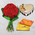 Heart Shape Butterscotch Premium Quality Cake With 20 Red Roses Bunch With Box Of 2 Celebration Chocolates