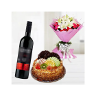  Bunch Of Roses With Lilies And Carnations With Premium Quality Mix Fruit Fresh Cream Cake Bottle Of Red Wine