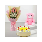 Bunch Of 12 Pink And White Roses, With Pineapple Cool Cake With 6 Inch Pink Teddy bear