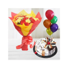 Beautiful Bunch Of 20 Red And Yellow Carnations With Chocovanilla Cake With 5 Blown Balloons